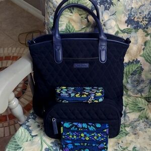 VERA BRADLEY Navy Quilted Top Handled Coordinating Tote & SLG Set
